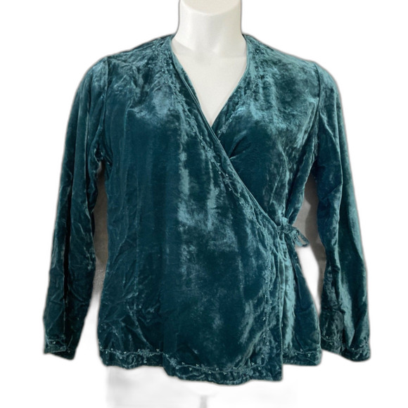 J Jill blouse velvet wrap top women’s size 8 Teal Green whimsygoth fairy beaded - Picture 1 of 11